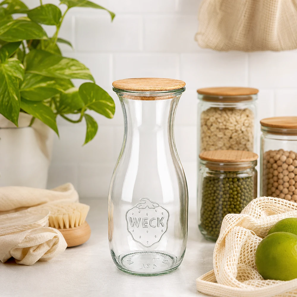 530ml sapflessen WECK RR60 met hout deksel WECK sapfles 530ml RR60 met houten deksel in duurzame zero-waste keuken naast biologische producten en planten