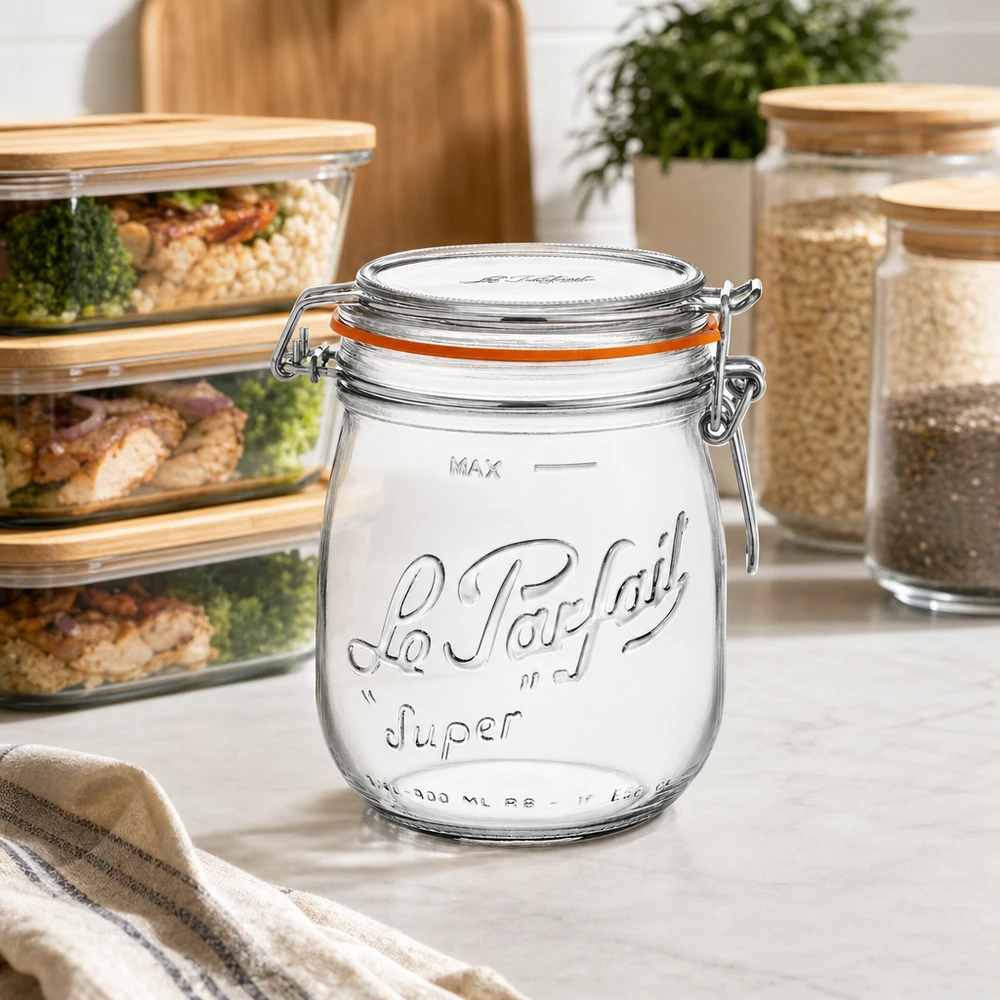 Le Parfait® pot 750 ml Ø85 mm voorraad 750 ml Le Parfait Super voorraadpot met draaidop in een moderne keuken naast andere voorraadpotten
