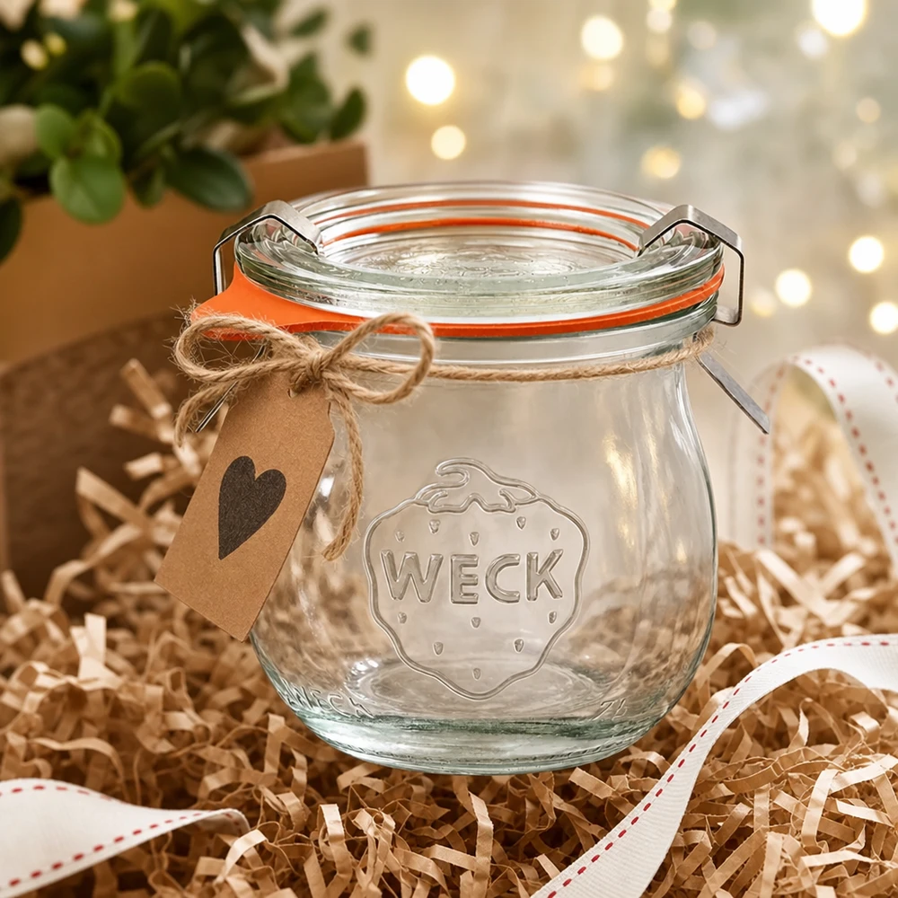 75ml tulpenglas compleet WECK RR40 WECK tulpenpot 75ml RR40 als cadeau-idee decoratief verpakt met een hartenhanger en cadeaulint in een feestelijke sfeer
