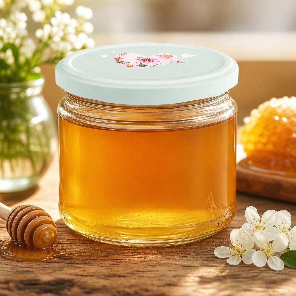Ronde pot van 330 ml + deksel BasicSeal mint hart UNiTWIST 330ml ronde pot gevuld met honing BasicSeal deksel hartje motief mint honingpot jampot keuken decoratie bloemen