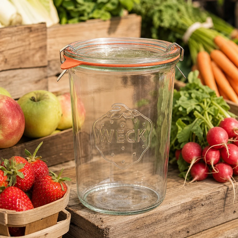850ml stortglas compleet WECK RR100 WECK RR100 inmaakpot 850ml met vers fruit en groenten op een rustieke houten tafel als keukenscène voor opslag