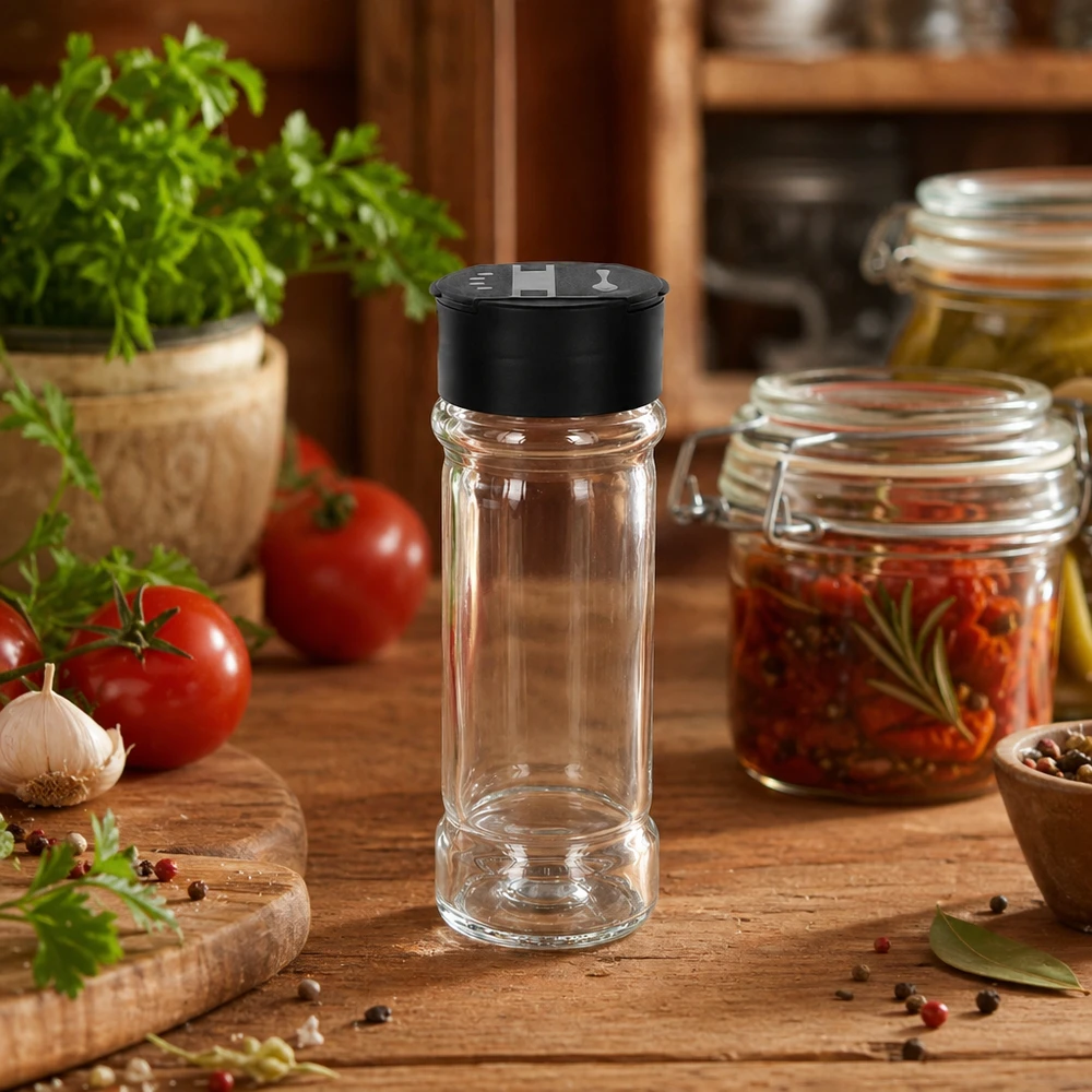 Zout-/kruidenpotje 100 ml met dubbele strooier, zwart Compacte strooibeker van 100 ml met zwarte deksel naast gedroogde tomaten in een weckpot
