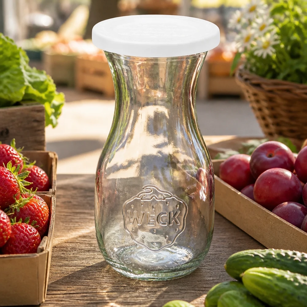 WECK sapfles 290ml met RR60 vershouddeksel gerangschikt tussen vers fruit en groenten op een rustieke houten tafel