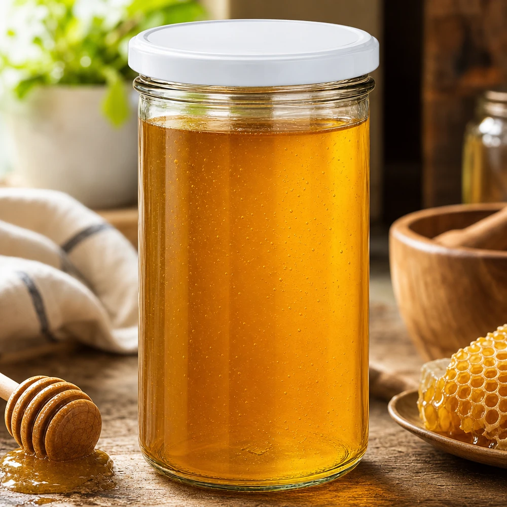 277ml bekers met BasicSeal deksel wit UNiTWIST 277ml mason jar met wit deksel gevuld met gouden honing - honingpot op een rustieke houten tafel met honingraten