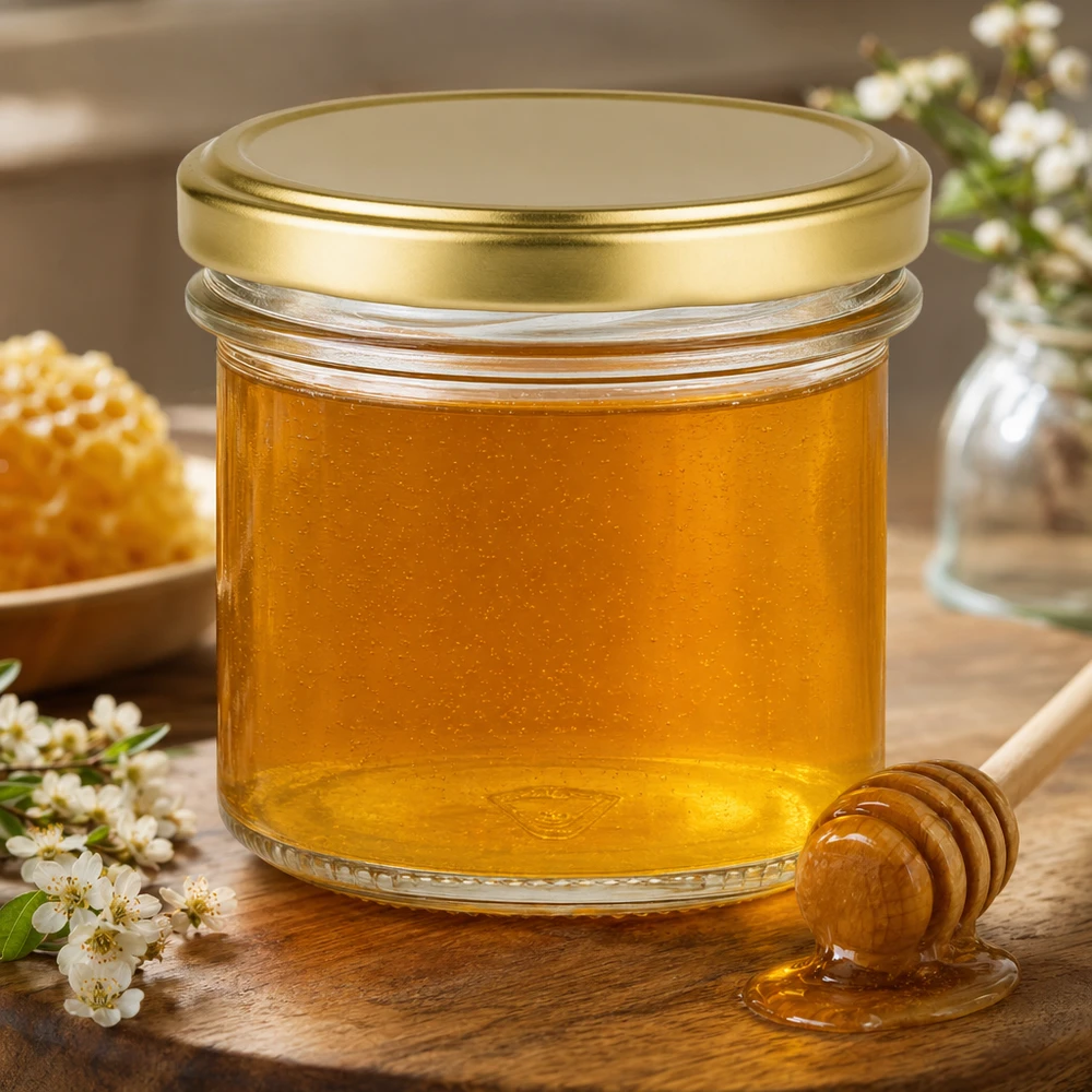 125ml bekers met BasicSeal deksel goud UNiTWIST 125ml Sturzglas mit BasicSeal Deckel gold gefüllt mit Honig neben Honiglöffel und Blütenzweigen