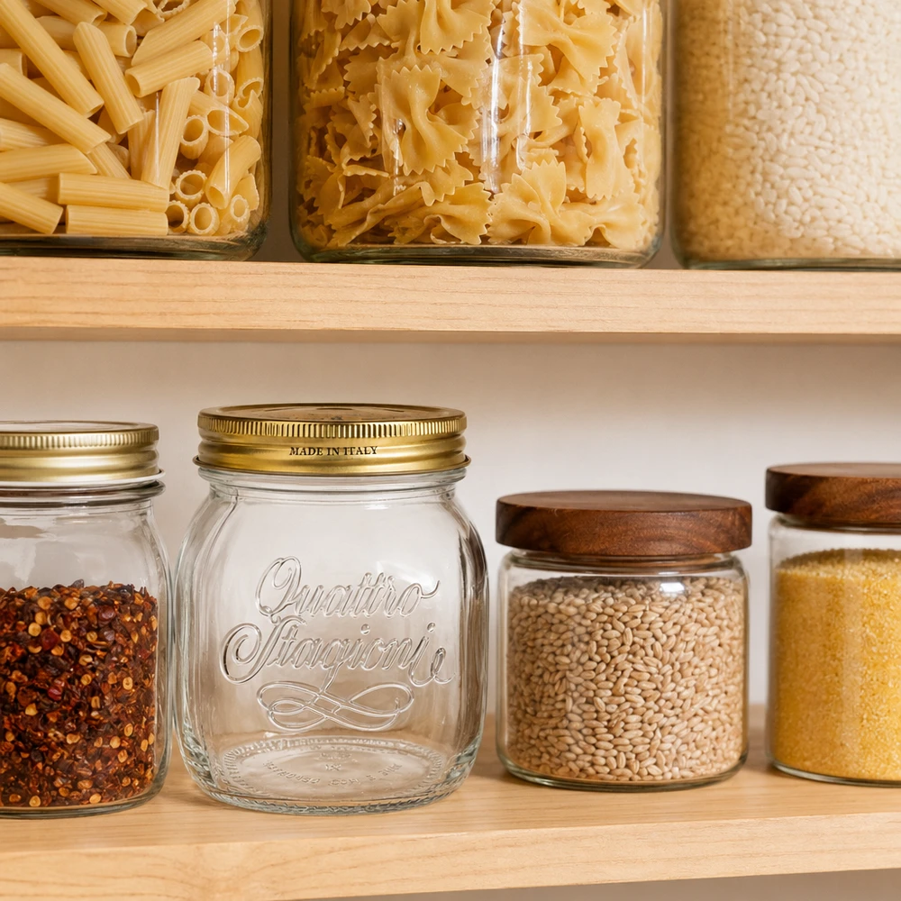 700 ml rond glas "Quattro Stagioni" met deksel Quattro Stagioni inmaakpot 700ml in georganiseerde voorraadkast met pasta en kruiden Italiaans keukengerei