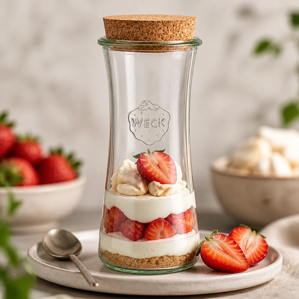 700ml delicatessenglas WECK RR80 met kurk WECK RR80 delicatessenpot 700ml met kurk gevuld als een aardbeien gelaagd dessert met room op een wit dienblad