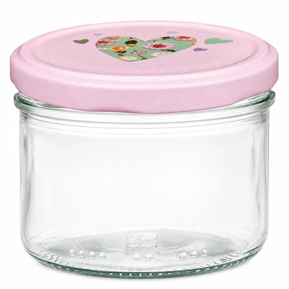 230 ml weckpot met roze BasicSeal deksel en hartjesmotief, weckpot om voedsel in te bewaren