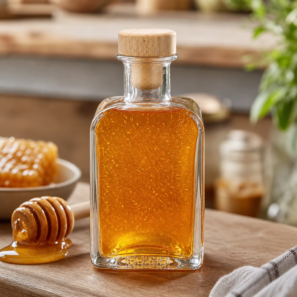 200 ml Apothekersfles Clara met houten handgreepkurk UNiTWIST® 200ml Clara glazen fles gevuld met honing Houten kurk Honinglepel Bijenwas Natuurlijk zoetmiddel Keukenaccessoires