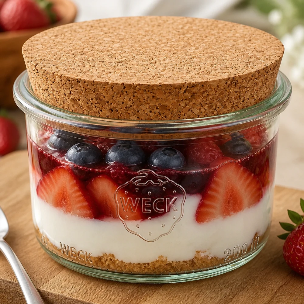WECK beker 200ml RR80 gevuld met bessentoetje en kurkdeksel toont veelzijdig gebruik als dessertpotje