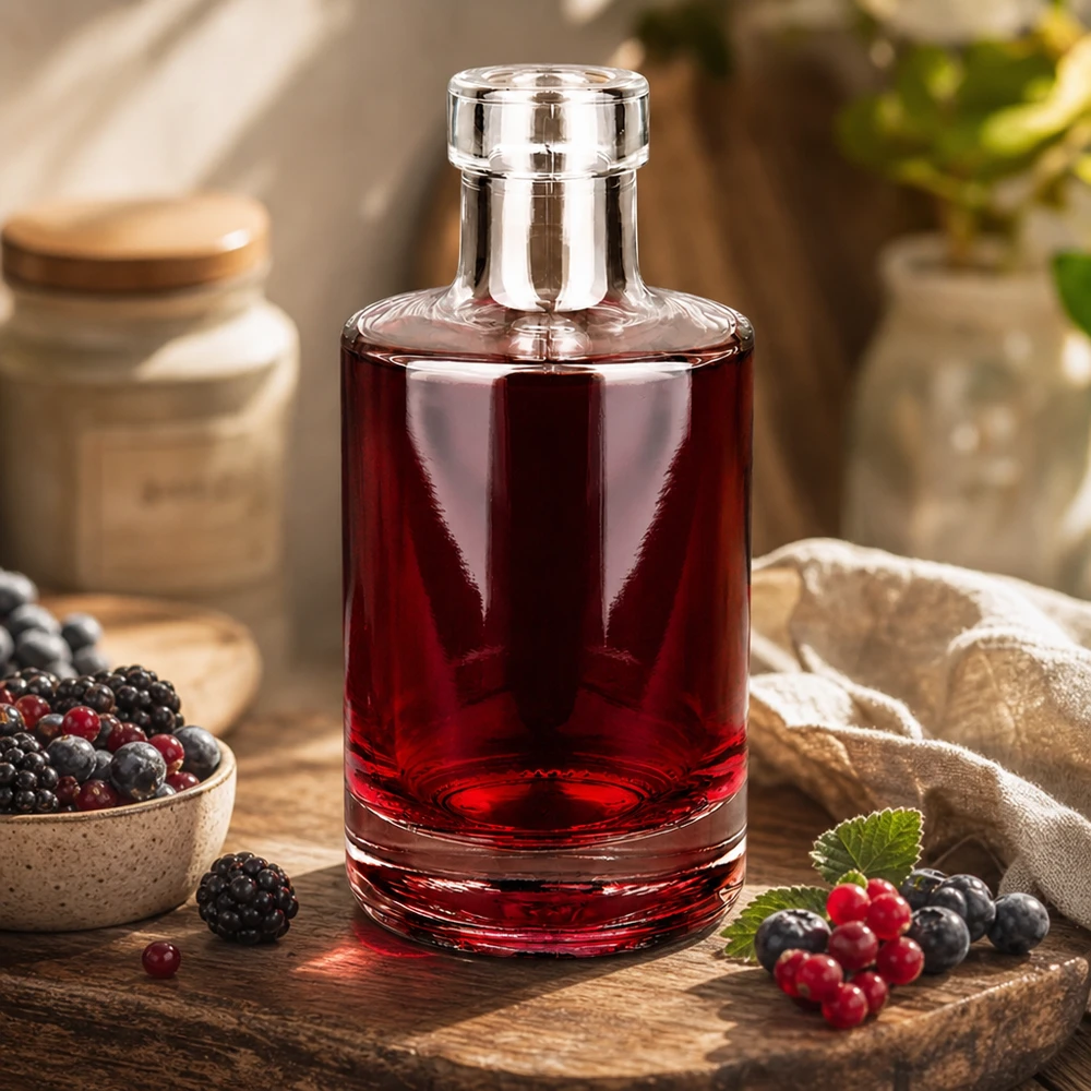 200 ml glazen fles Marie zonder sluiting UNiTWIST® 200 ml glazen fles Marie gevuld met bessenlikeur rustieke keukendecoratie met verse bessen Voorbeeld van gebruik