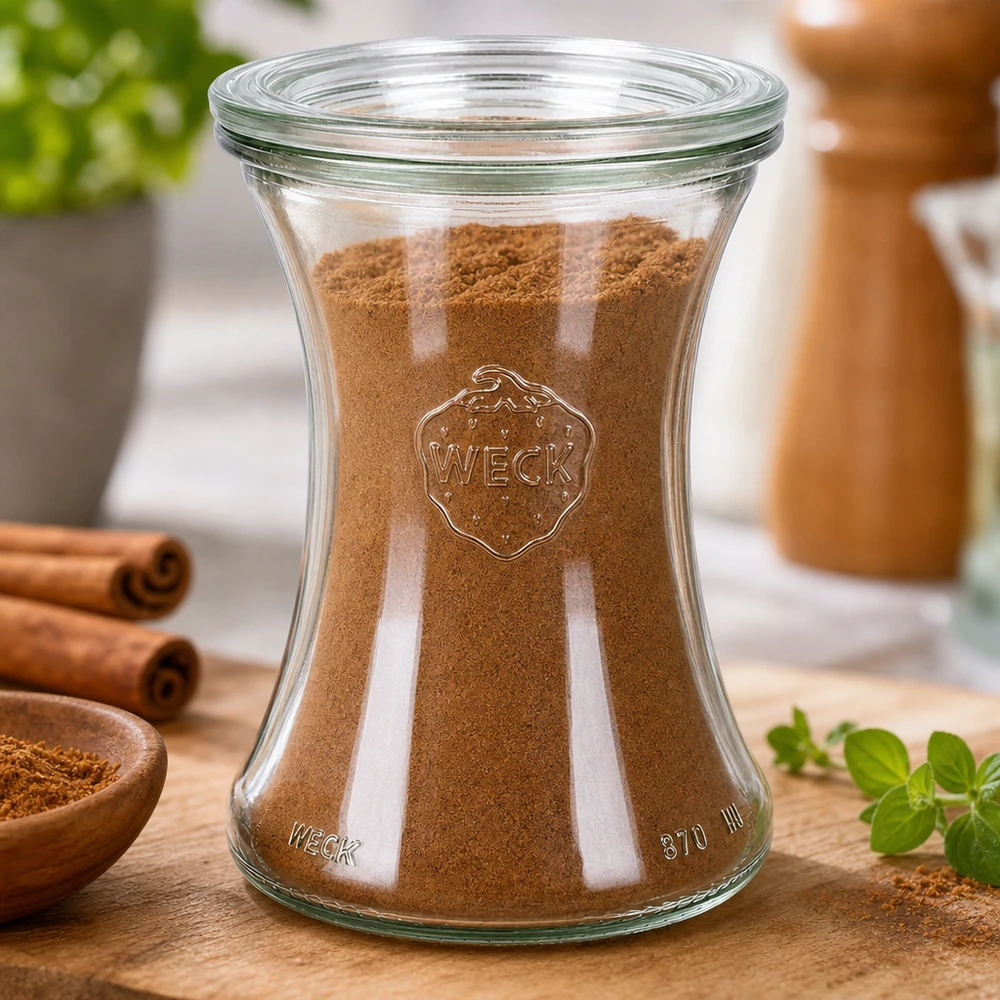 Delikatessenpot van 370 ml met glazen deksel WECK RR80 WECK Delikatessenglas 370ml RR80 mit Zimt gefüllt zeigt perfekte Gewürzaufbewahrung in stilvollem Glasdesign