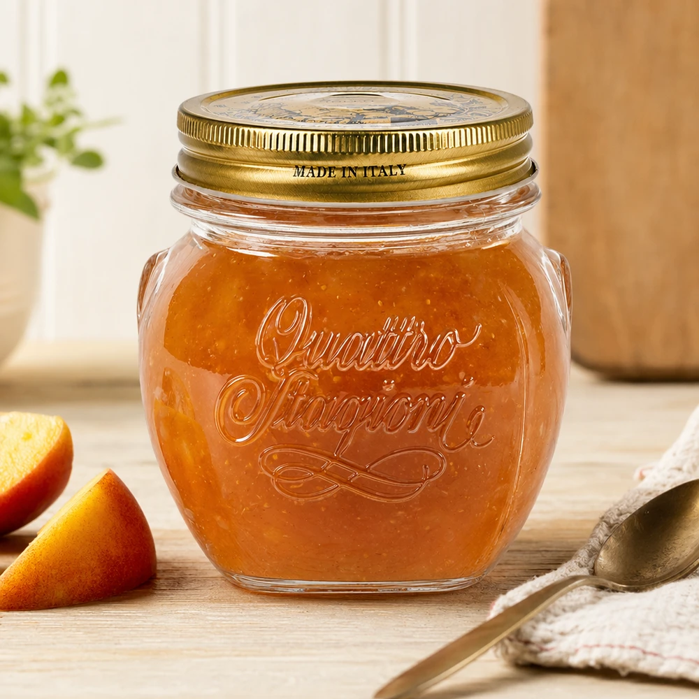 300 ml rond glas "Quattro Stagioni" met deksel 300ml Quattro Stagioni Rundglas mit goldenem Deckel gefüllt mit Marmelade auf Holztisch neben Orangenscheiben