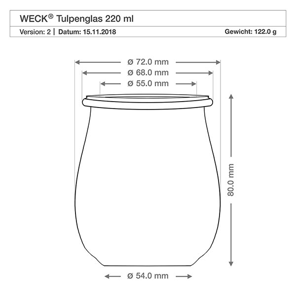 Tulpenpot van 220 ml met glazen deksel WECK RR60 WECK tulpenpot 220ml RR60 technische tekening met afmetingen, diameter en hoogte in millimeters
