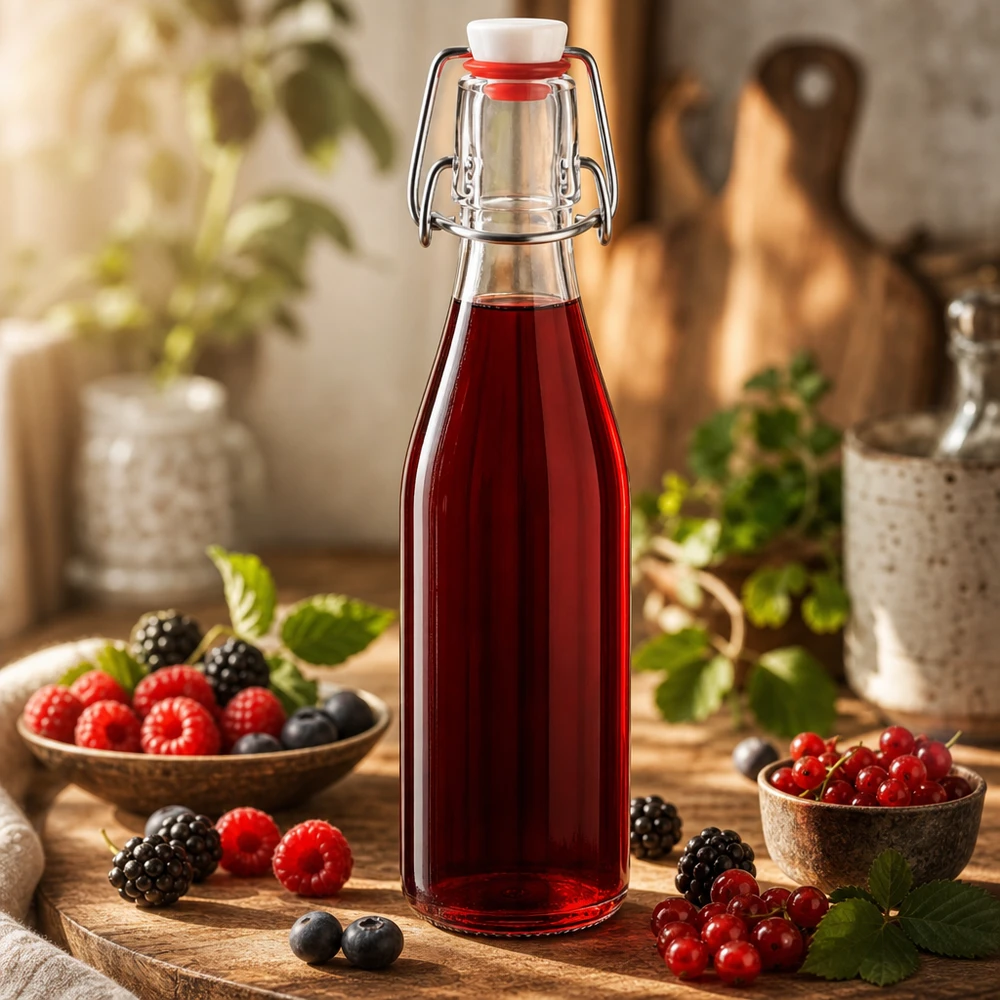 Glazen fles van 250 ml met draaidop gevuld met rode bessensap, omringd door verse bessen in een rustieke keukenomgeving