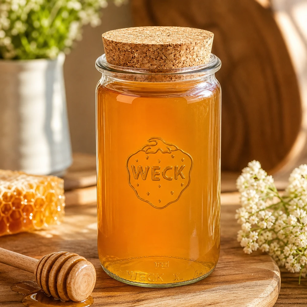 340ml cilinderglas WECK RR60 met kurk WECK Honigglas 340ml RR60 mit Korkenverschluss auf Holzbrett zwischen Waben und Blüten zeigt natürliche Aufbewahrung