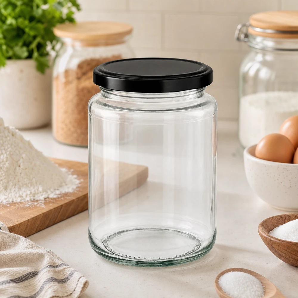 382ml ronde pot met BasicSeal deksel zwart in een moderne keuken tussen voorraadpotten, eieren en keukengerei