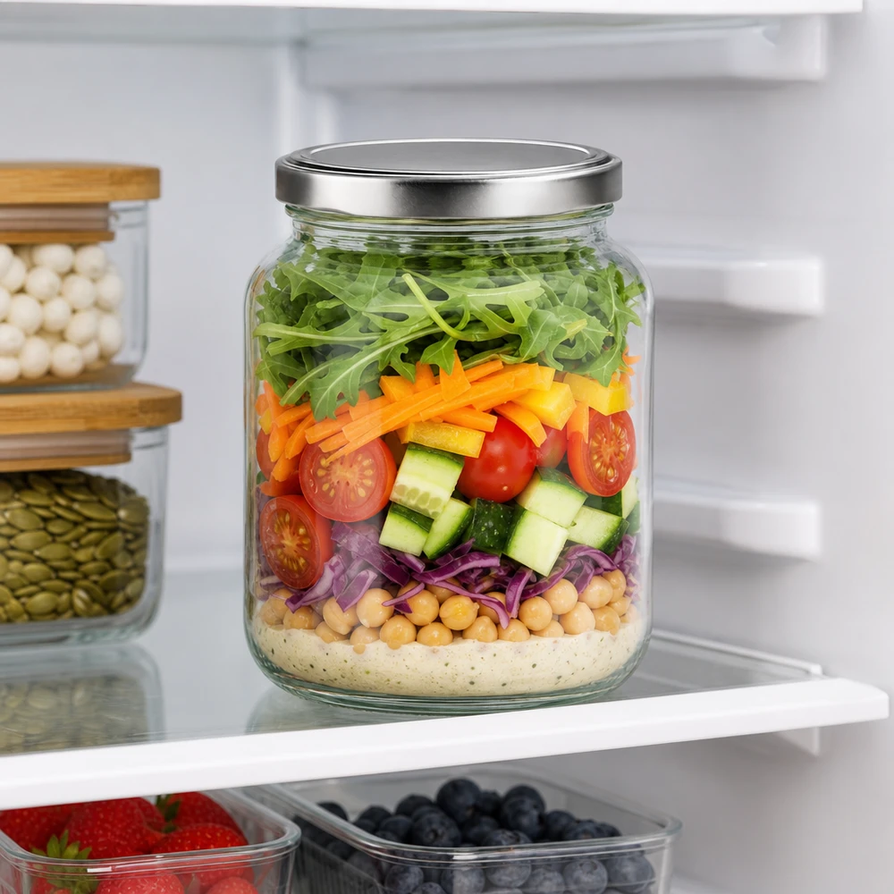 370ml ovaal glas met BasicSeal deksel zilver UNiTWIST 370 ml ovale pot met BasicSeal deksel als maaltijdsalade in de koelkast met gelaagde salade en verse ingrediënten