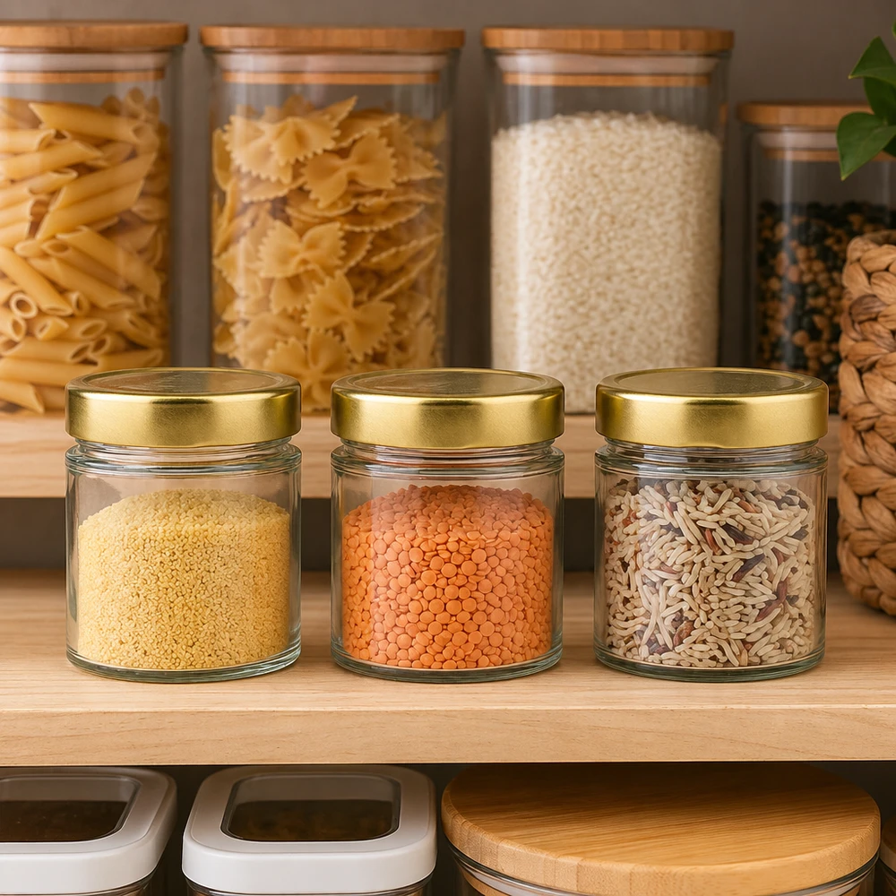 154ml BasicSeal goud ronde pot in voorraadkast scène met peulvruchten rijst pasta opslag keukenkast