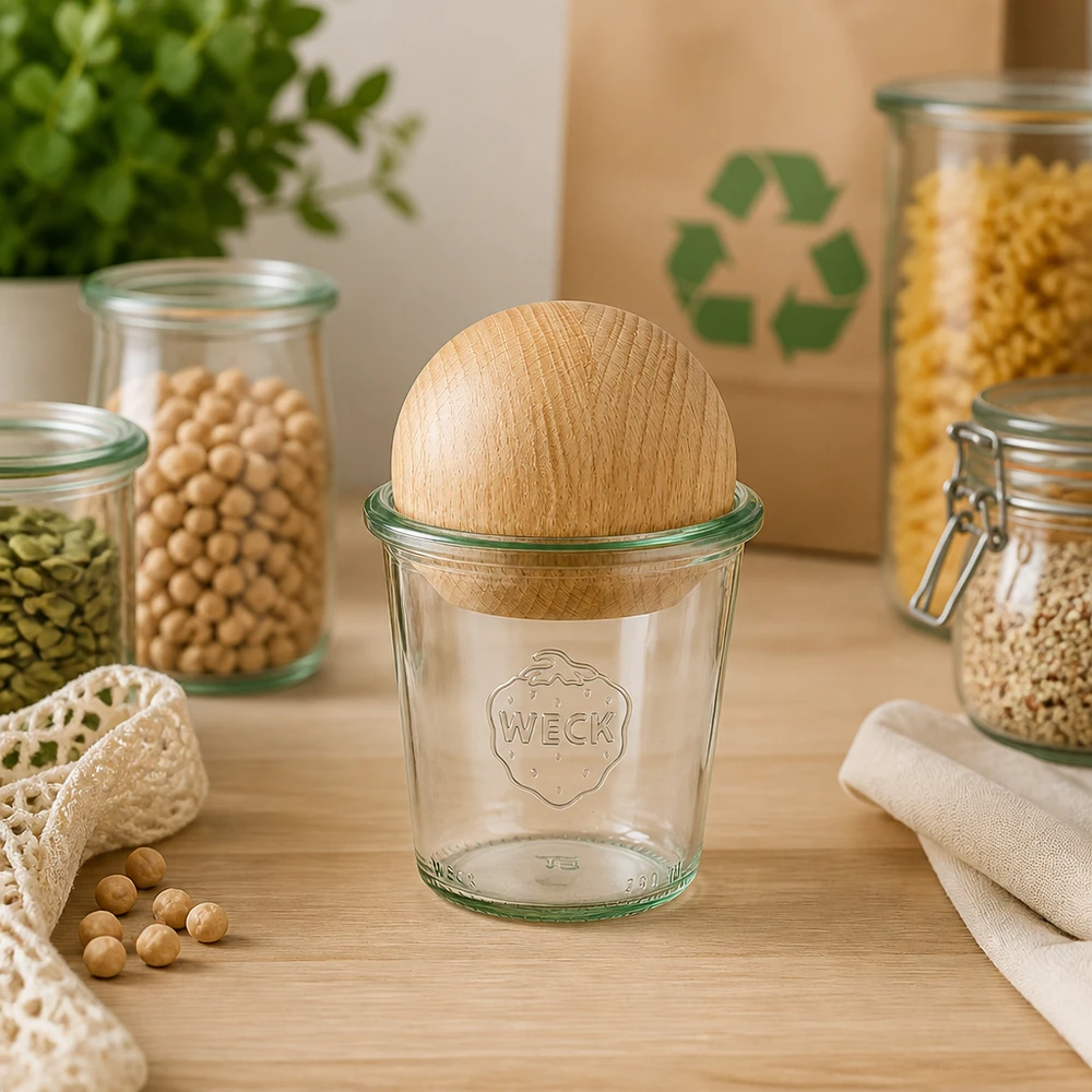 290ml stortglas hoge WECK RR80 met houten bal WECK beker 290ml RR80 met beukenhouten bal in duurzame zero-waste keuken tussen voorraadpotten en recyclelogo
