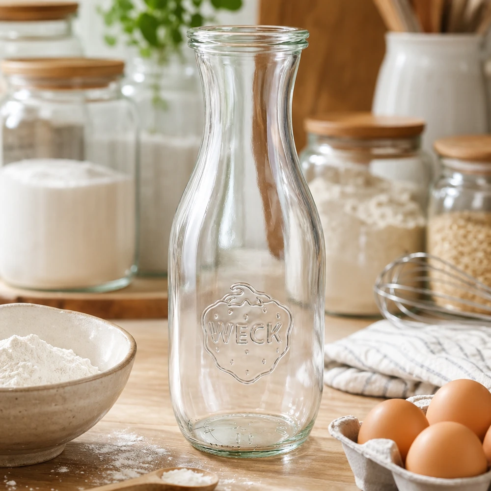 Sapfles van 1062 ml met glazen deksel WECK RR60 WECK sapfles 1062ml leeg in keuken met bakingrediënten bloem eieren en voorraadpotten op houten werkblad