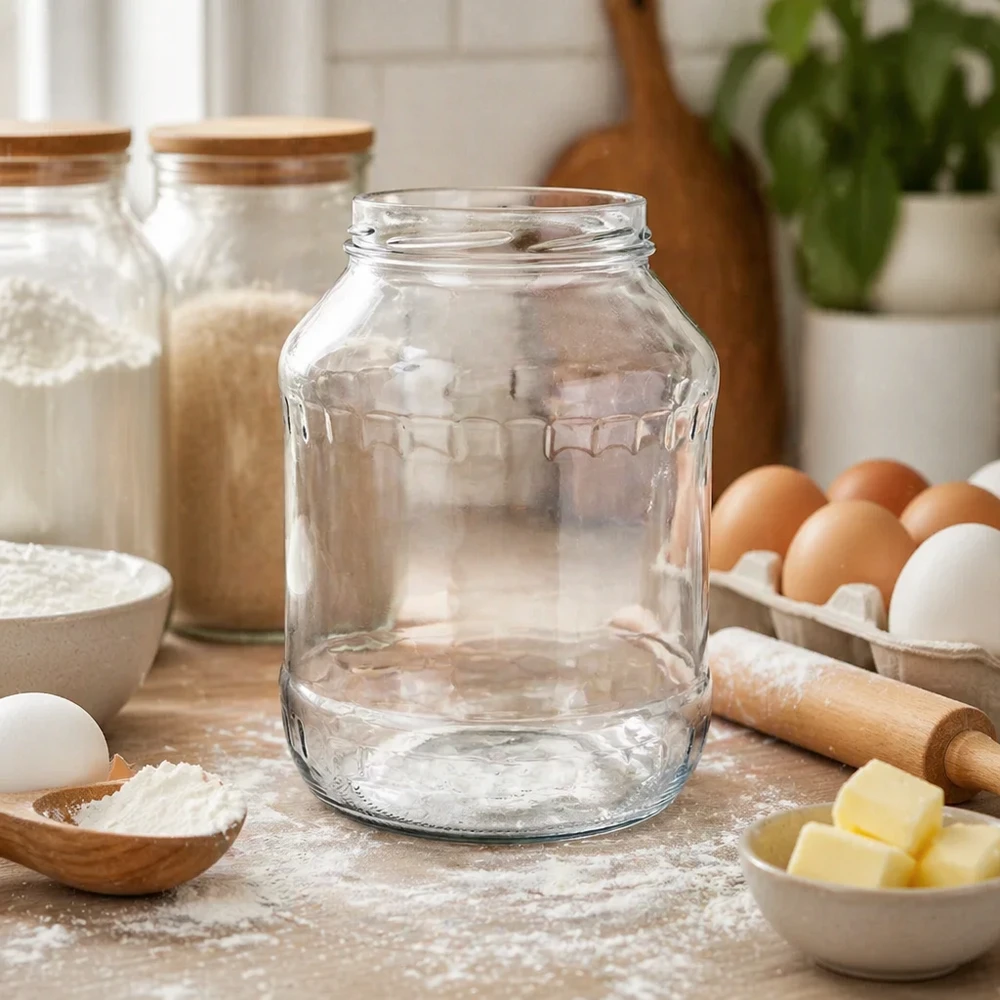 2650ml rond glas zonder deksel (TO100) UNiTWIST UNiTWIST Runda2650 bekers 2650ml leeg op keukentafel met bakingrediënten eieren boter bloem keukenscène TO100 draad