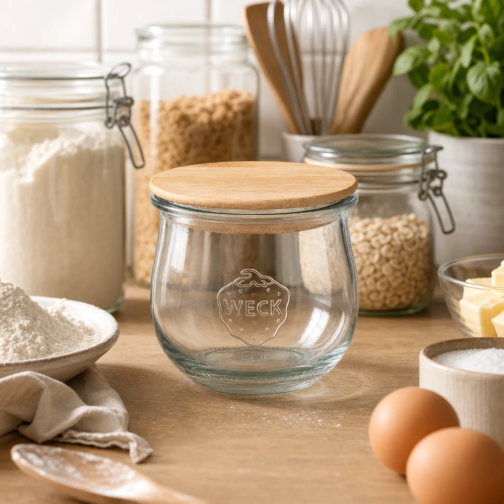 WECK tulpenpot 370ml RR80 met houten deksel opgesteld in een moderne keuken tussen voorraadpotten en bakingrediënten