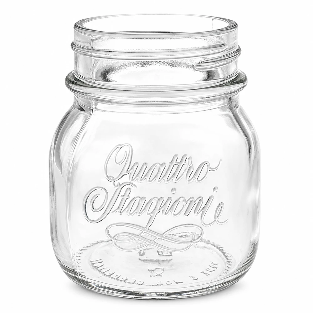 150 ml Quattro Stagioni inmaakpot van helder glas met reliëfopdruk en schroefdraad