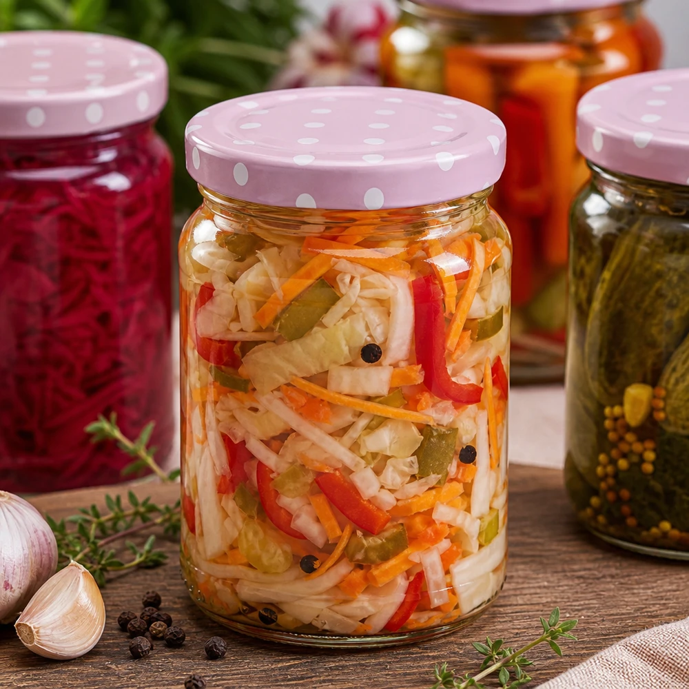 Ronde pot van 205 ml + roze BasicSeal-deksel met stippen UNiTWIST 205ml Rundglas mit rosa Punkte-Deckel gefüllt mit buntem Gemüse-Mix neben anderen Konservengläsern auf Holztisch
