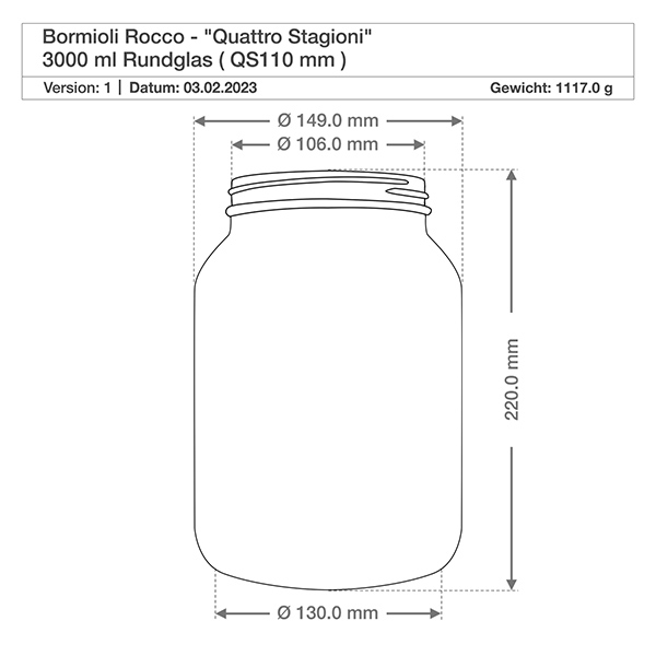 3000 ml rond glas "Quattro Stagioni" met deksel Technische tekening 3000ml Quattro Stagioni rond glas met afmetingen Hoogte 220mm Diameter 149mm Gewicht 1117g