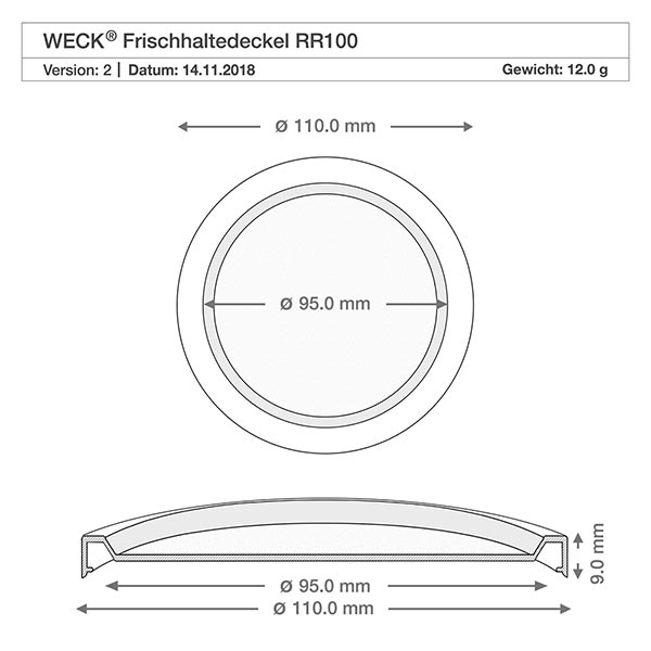 1000ml stortglas met vershouddeksel WECK RR100 Technische tekening WECK klemdeksel RR100 met afmetingen 110mm en 95mm diameter voor Gugelhupf pot