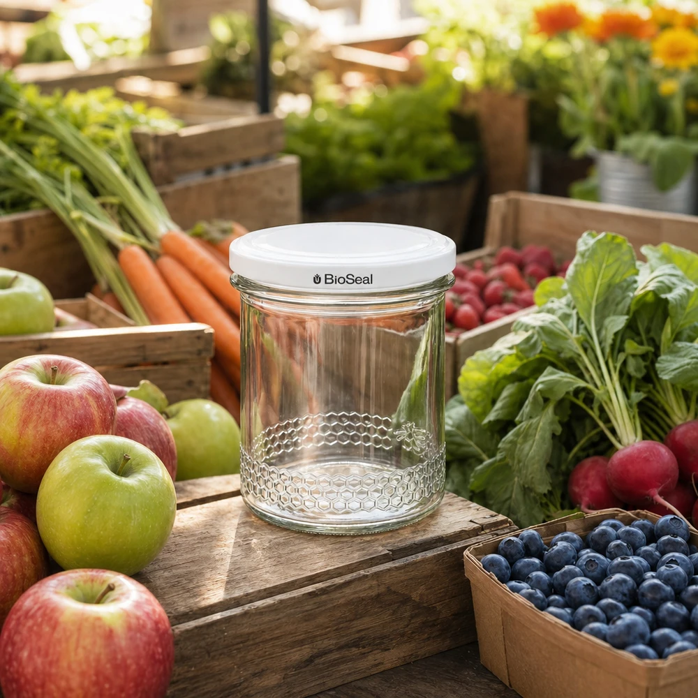 Honingpot 560 g met witte BioSeal UNiTWIST-deksel Lege 400 ml honingpot met BioSeal deksel tussen vers fruit en groenten toont veelzijdig gebruik