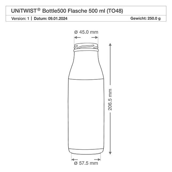500ml fles zonder deksel (TO48) UNiTWIST Technische tekening 500ml glazen fles TO48 UNiTWIST met afmetingen: 205,5mm hoogte, 57,5mm diameter, 250g gewicht