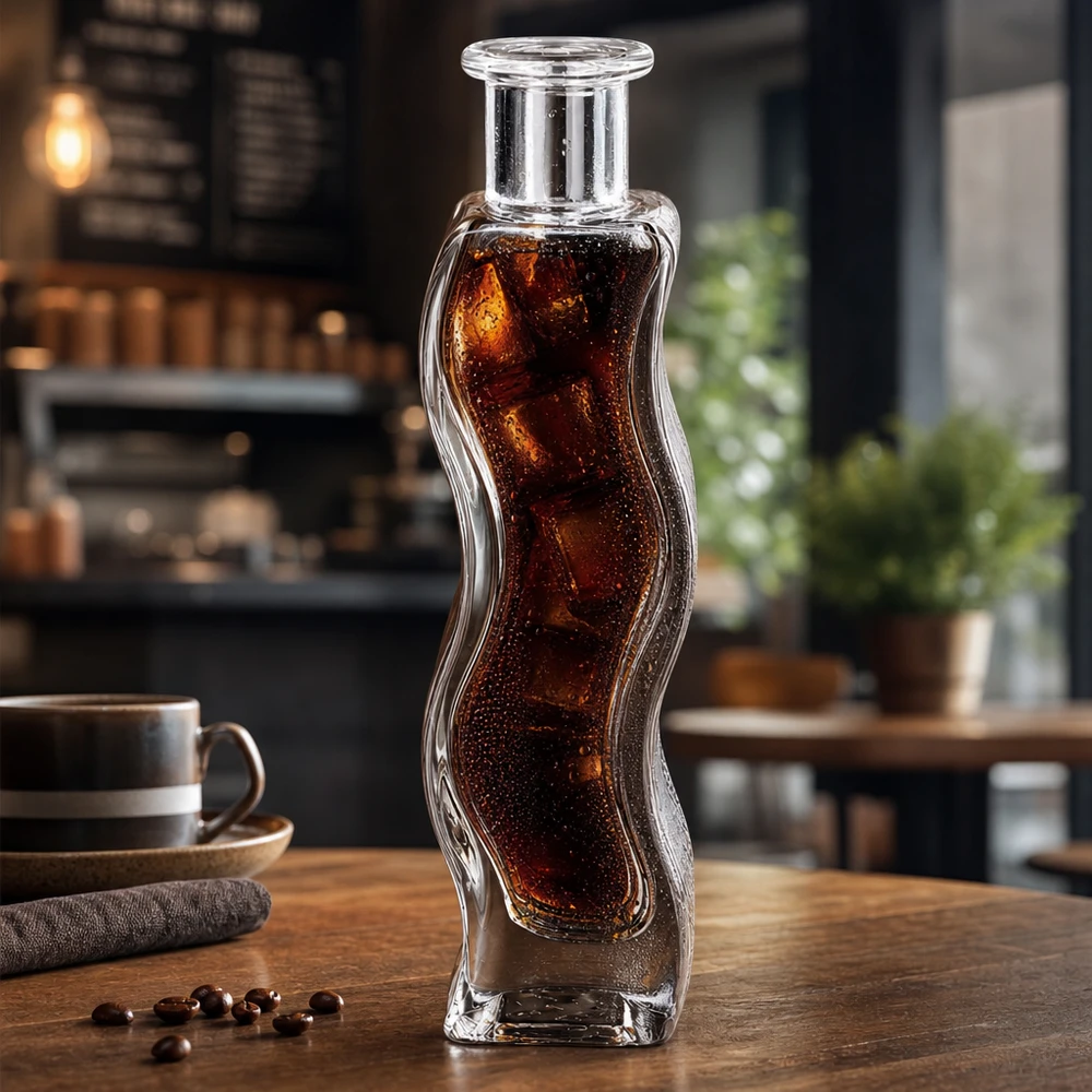 Melissa 100ml glazen fles gevuld met coladrank en ijsblokjes in een moderne café sfeer op een houten tafel