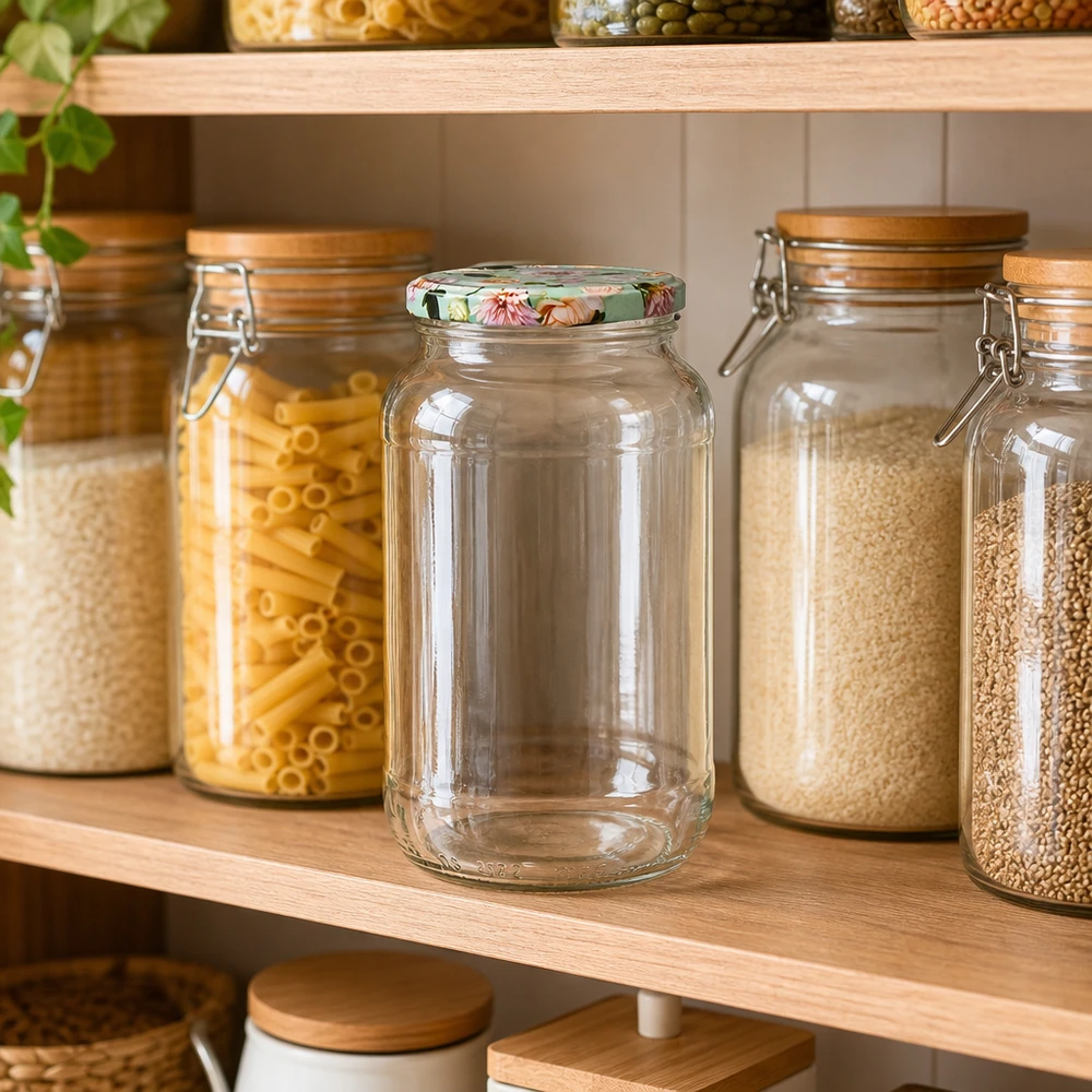 1062ml ronde pot met BasicSeal deksel munt in voorraadkast organisatie naast voorraadpotten met pasta en ontbijtgranen