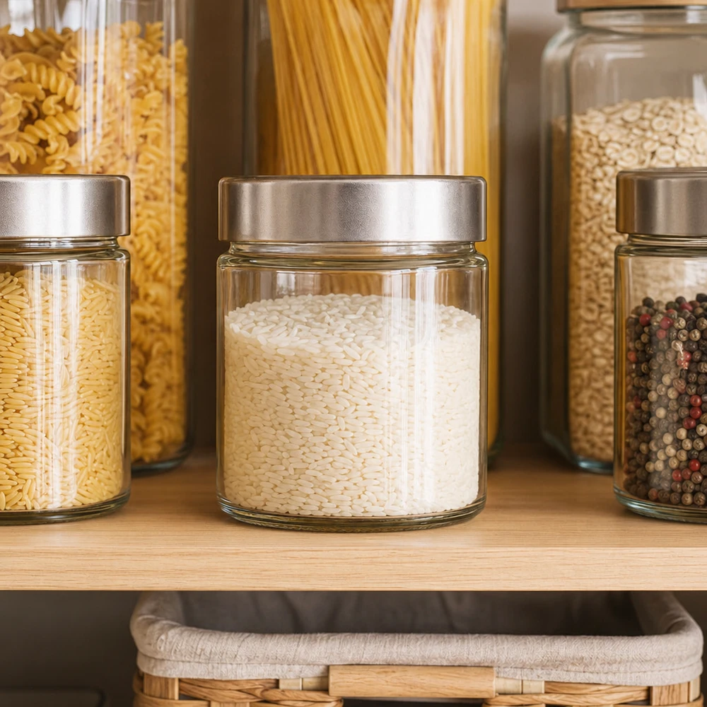 135ml rond glas met BasicSeal deksel zilver deep UNiTWIST 135ml ronde pot zilver deksel voorraadkast organisatie met rijst pasta peper systematische keuken opslag voorraad houden