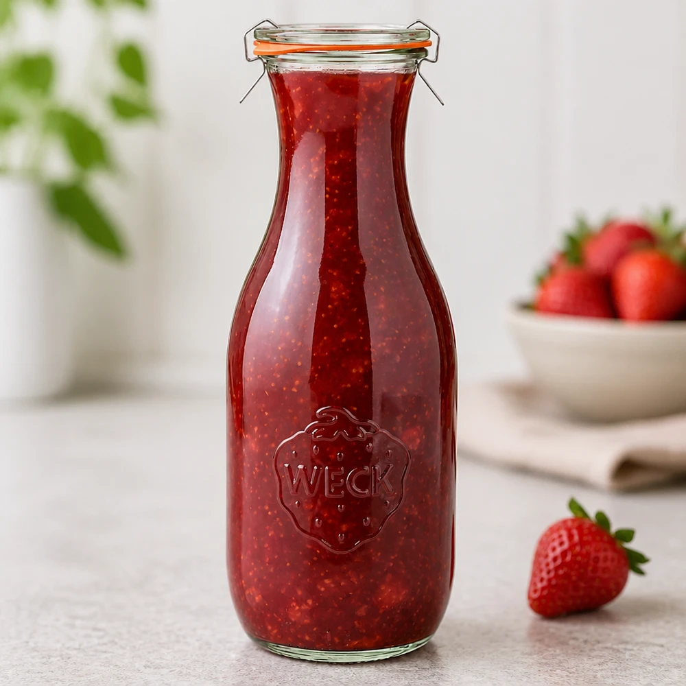 1062 ml sapfles, compleet WECK RR60 WECK sapfles 1062ml RR60 gevuld met aardbeienjam toont logo in reliëf en swing top detail