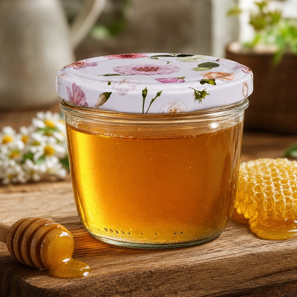 Glazen van 230 ml + BasicSeal-deksel roze... 230 ml bekers gevuld met honing BasicSeal deksel Honingpot met bloemenpatroon, honingraat en houten lepel Keuken
