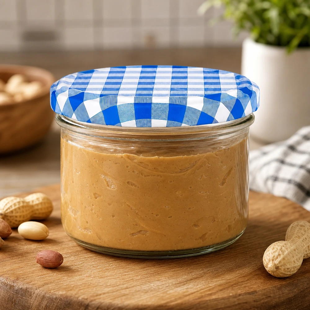 Pindakaas in 230ml cilindrische pot met BasicSeal deksel blauw-wit, notenboter opslag, houten bord decoratie