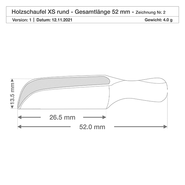 Houten schep maat XS halfronde vorm - 52mm lang Detailzeichnung der kompakten Holzschaufel XS mit 3,5mm Tiefe - ideal für Gewürzdosierung in der Küche