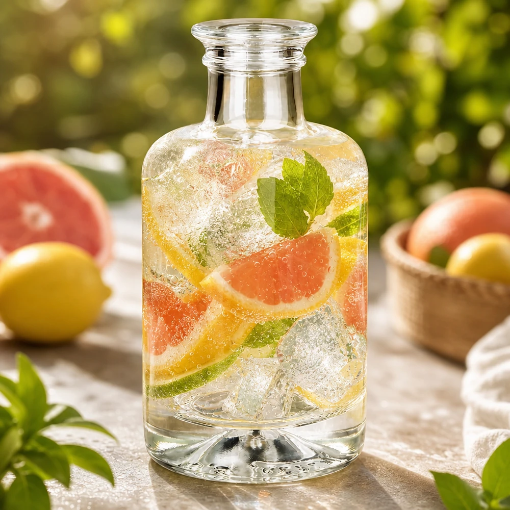 100 ml apothekersfles Sofia zonder sluiting UNiTWIST® 100ml Sofia glazen fles gevuld met geïnfuseerd water grapefruit munt en ijs buiten sfeer met citrusvruchten