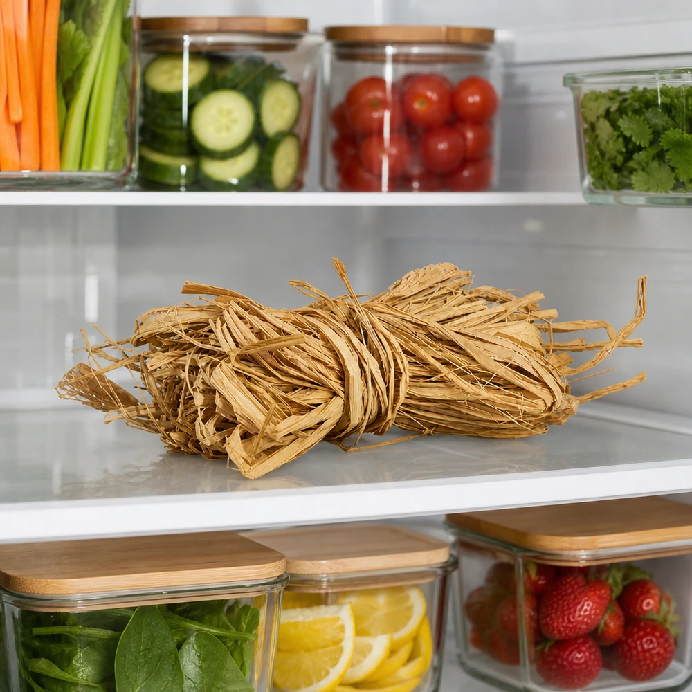 Natuurlijk raffia voor decoratie 30 g Natuurlijke raffia 30g goudbeige bewaard in de koelkast naast groenten toont praktische opslag voor knutselmaterialen