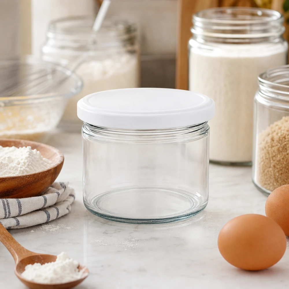 540ml rond glas met BasicSeal deksel wit UNiTWIST 540ml Rundglas BasicSeal weiß in stylischer Küche mit Backzutaten - elegantes Vorratsglas für Mehl und Backen