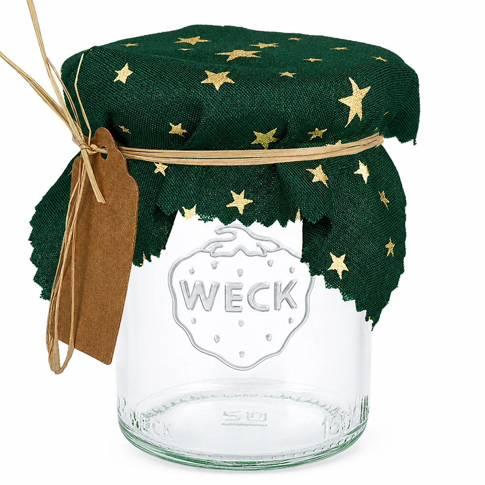 Groene stoffen doily met gouden sterren op inmaakpot, vierkant 12cm, decoratieve doily voor inmaakpotten