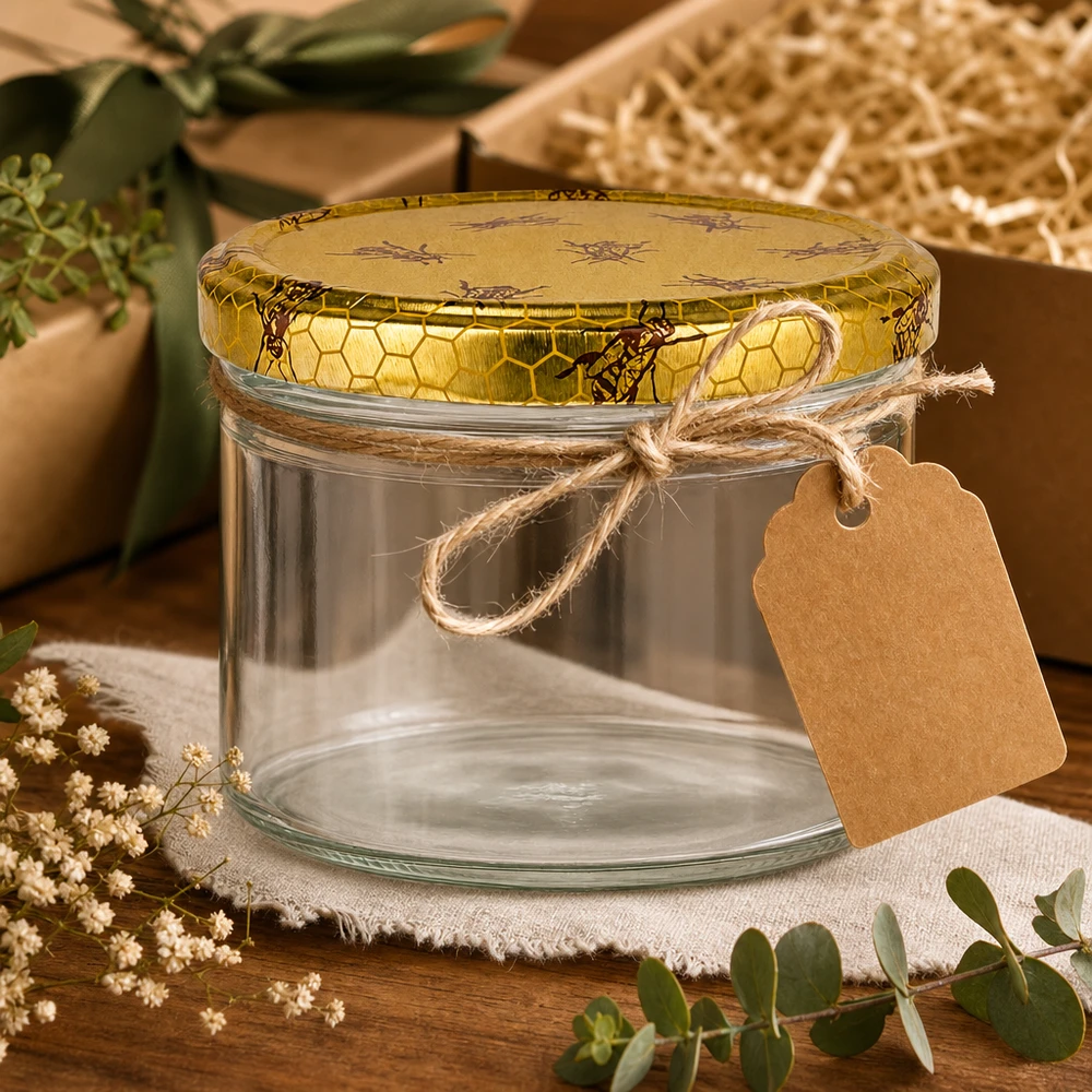 225ml bekers met BasicSeal deksel Honingraat UNiTWIST 225ml glazen pot leeg BasicSeal honingraat deksel geschenkdoos raffia lint kraftpapier label decoratie