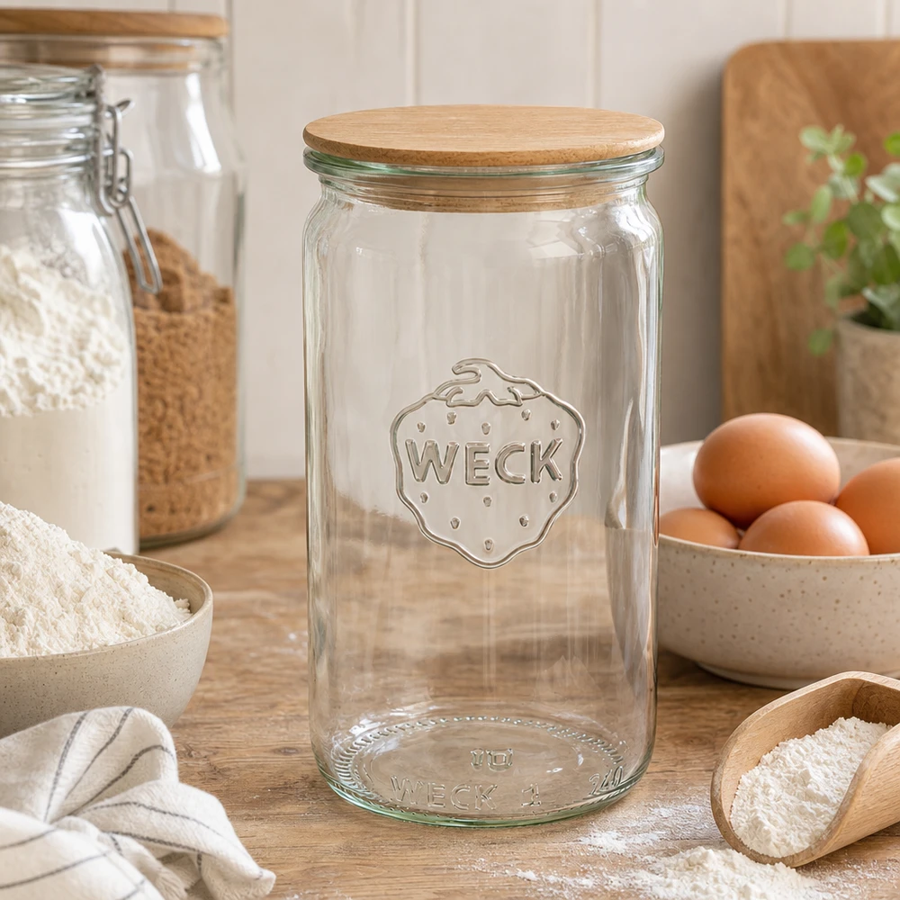 340ml cilinderglas WECK RR60 met hout deksel WECK cilinder pot 340ml RR60 houten deksel in de keuken met meel eieren en voorraad potten als bak accessoires opslag