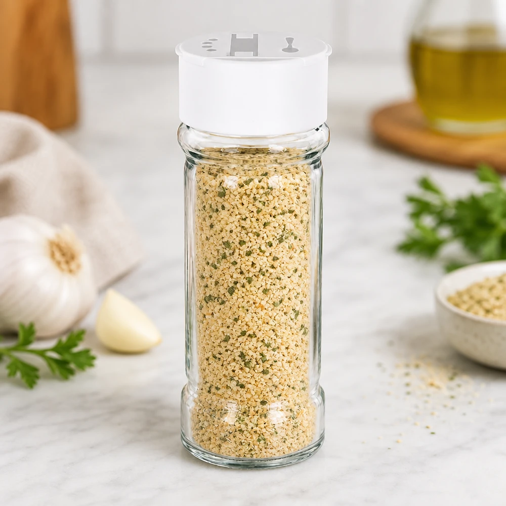 Doorzichtig zoutglas van 100 ml met een witte plastic deksel, gevuld met knoflookzout en kruiden
