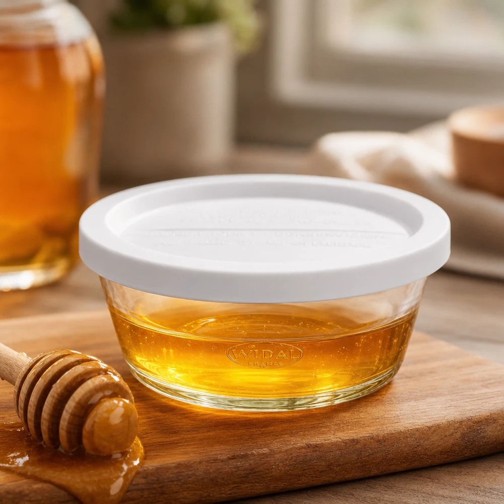 300ml gourmetglas met vershouddeksel WECK RR120 WECK RR120 gourmetpot 300ml gevuld met honing op een houten plank met honinglepel als gebruiksvoorbeeld