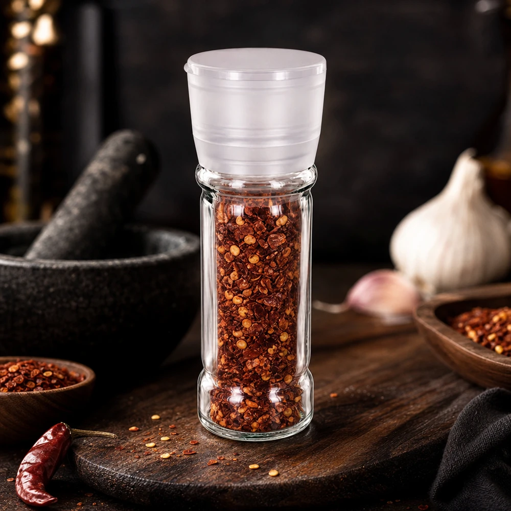 Zout-/kruidenpotje 100 ml met molen Vario wit Kruidenmolen van 100 ml van borosilicaatglas met een witte molenhandgreep voor chilivlokken en peperkorrels