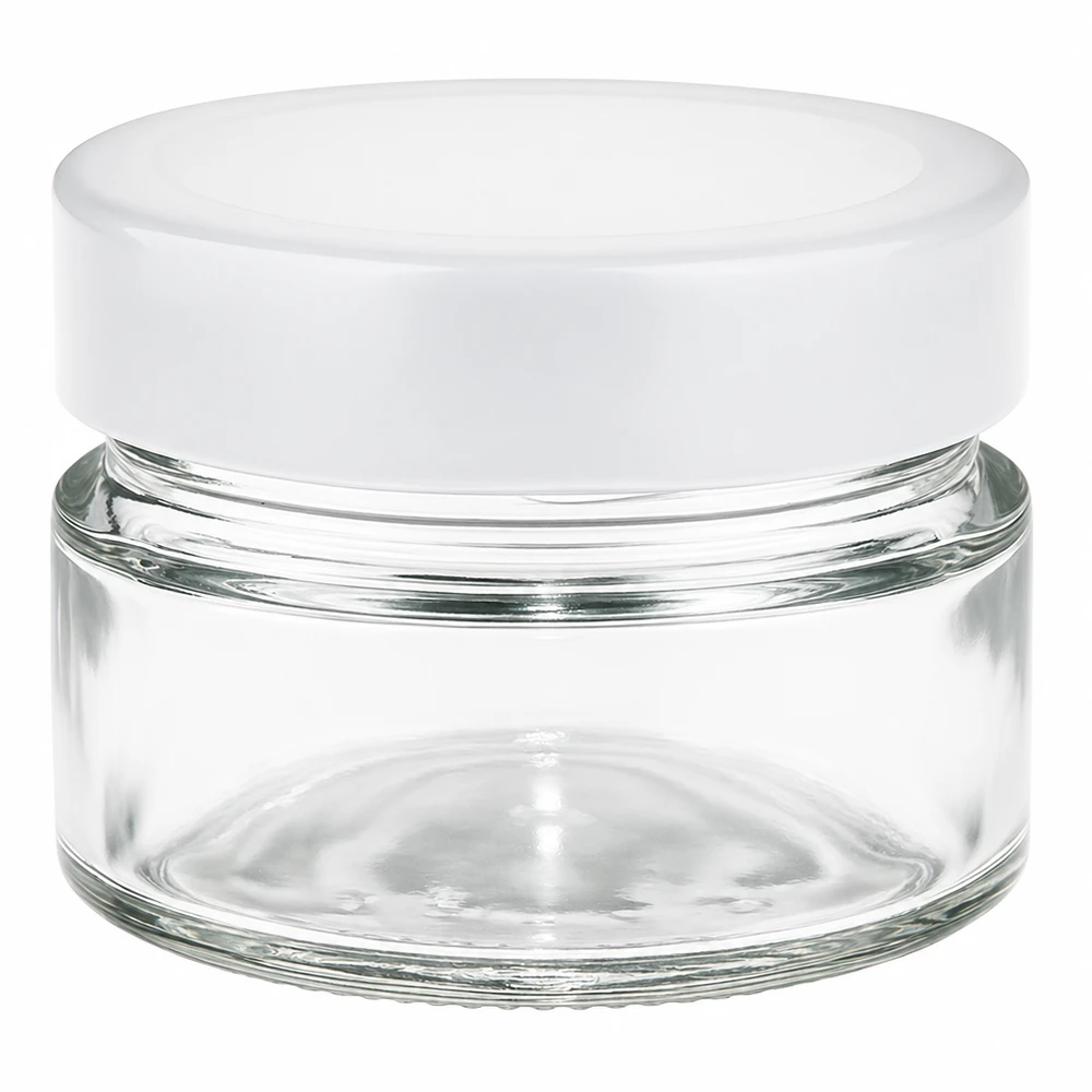 80ml rond glas met BasicSeal deksel wit deep UNiTWIST 80 ml rond potje met wit BasicSeal deksel - transparant glazen potje voor cosmetica en opslag
